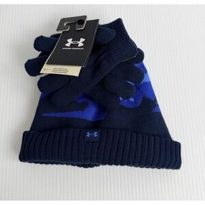New Under Armour Boys Beanie Hat Gloves Set Navy Blue Camo OSFM